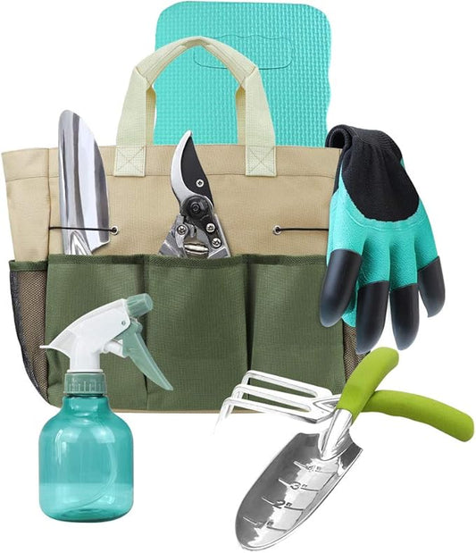 Garden Tools Set with 3 Pcs Aluminum Gardening Tools, 1 Pc Pruning Shear, 1 Pc Mister Spray Bottle, 1 Pc Foam Kneeler，1 Pair Garden Gloves with Claws and 1 Pc Gardener Bag, Gifts for Mom Dad