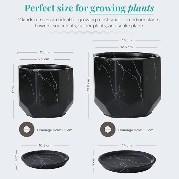 Black Plant Pot with Drainage Holes and Saucers, Ceramic Pots for Indoor Outdoor Plants, 4 & 5 Inch Premium Hand Glazed Sustainable Planters for Flower, Garden, Succulent, Nursery, Home Decor