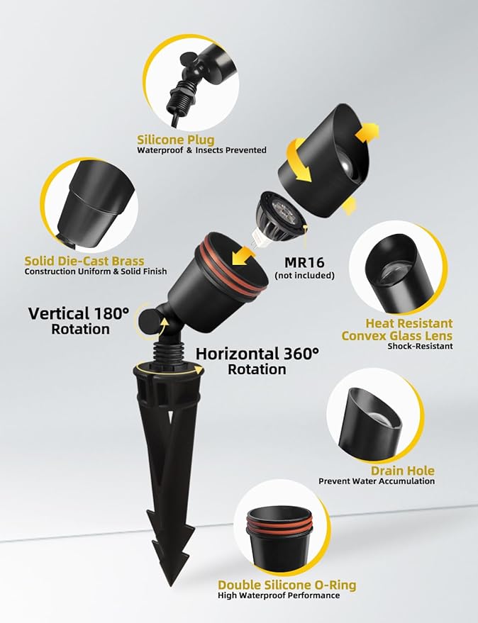 COLOER Brass Low Voltage Landscape Spotlight Fixture(Black) 1-Pack Without Bulb,12V AC/DC Outdoor Spot Lights for Yard, Directional Garden Patio Spot Up Light(101B-Black)