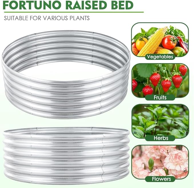 FORTUNO 2 Pcs 2 Ft Round Raised Garden Bed Box Galvanized Metal Outdoor Flower Bed Steel Patio Ground Planter for Planting Vegetables and Herbs, Silver