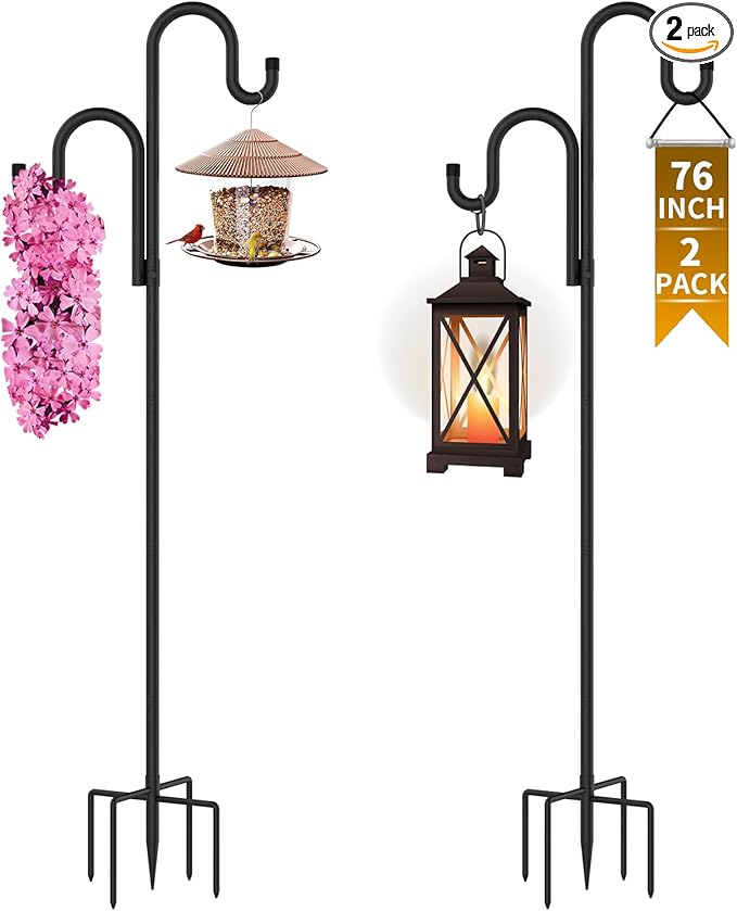 Double Shepherds Hooks for Outdoor, Bird Feeder Pole with 5 Prongs Base, Heavy Duty Garden Hook for Lantern, Wind Chime and Hummingbird Feeder, 76 Inch, 2 Pack