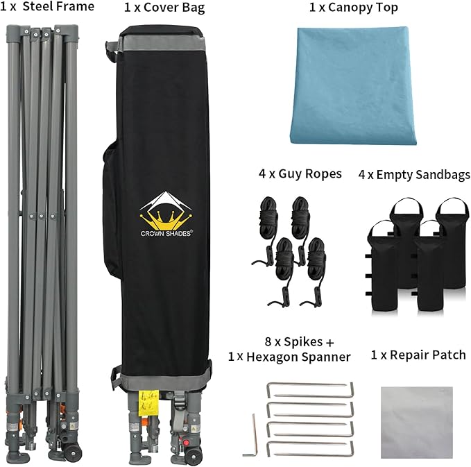 CROWN SHADES Adjustable Height on The Fly, 10x10 Pop Up Canopy - Beach Tent with One Push Setup - Easy Outdoor Sun Shade for Events, Parties, Camping - Outside Shade with STO-N-Go Bag, Cyan Blue