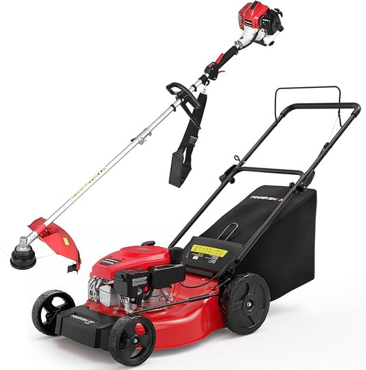 PowerSmart 21-Inch 144cc Gas Push Lawn Mower & 16-Inch 25.4cc String Trimmer/Edger with 10-Inch Brush Cutter for Grass Cutting