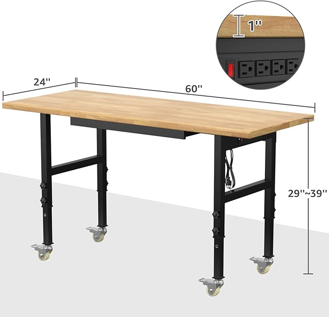 60" Adjustable Workbench,Heavy-Duty Work Table,3000 LBS Load Capacity Hardwood Workstation Outlets with Power Strips, Drawers and Wheels,for Workshop, Garage