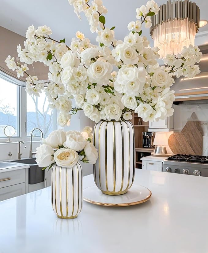 Briful Gold Plated Lantern Ceramic Vase Home Decor Creative Design Porcelain Decorative Flower Vase 8.66'' White Ceramic Vases for Wedding Anniversary Decoration