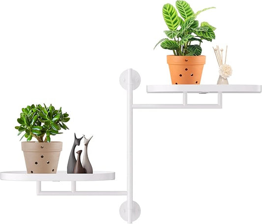 Rotating Window Plant Shelves for Multiple Plants Indoors,2-tier Metal Corner White Plant Stand Holder Floating Plant Shelf for Wall，Windows Sill Gifts for Plant Lovers to Enhance Home Decor