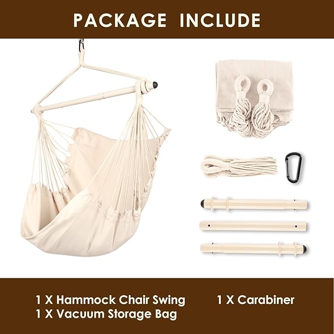 Highwild Hanging Rope Hammock Chair Swing Seat for Any Indoor or Outdoor Spaces - 500 lbs Weight Capacity (Beige)