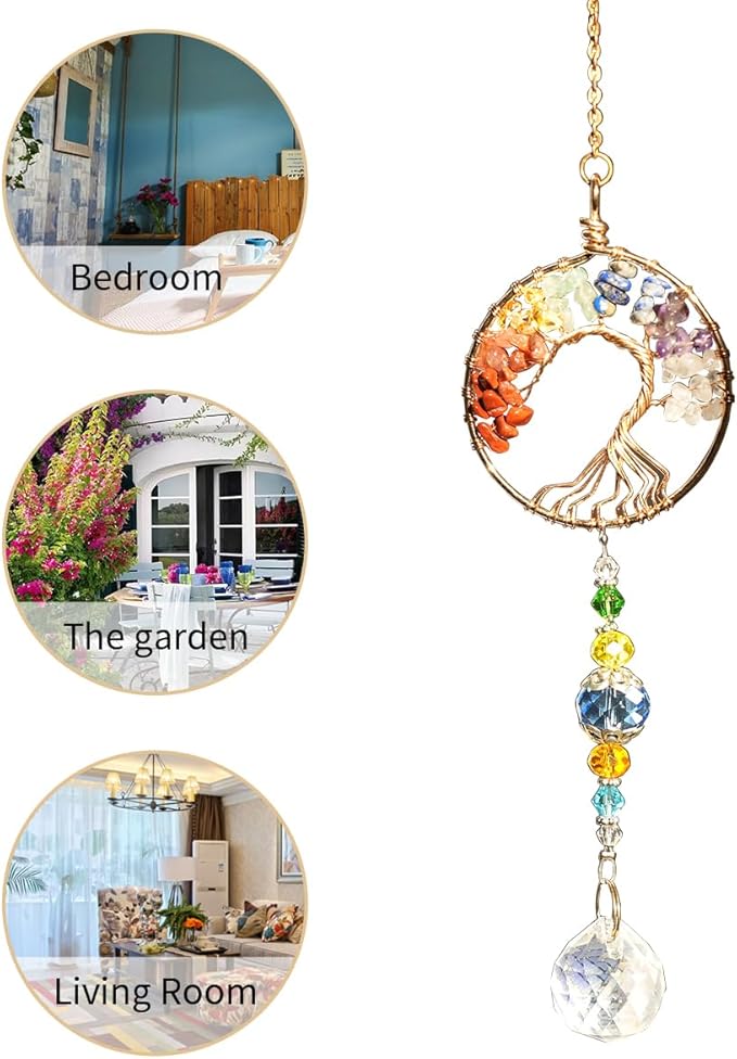3pcs Tree of Life Chakra Crystal Suncatcher Windows Hanging Gloden Sun Catchers Decor with Prisms for Car, Feng Shui House Warming Gift for Home