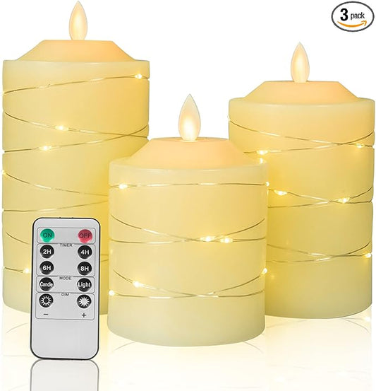 Battery Operated Flameless LED Candles: with Embedded String Lights, 3 Pack Flickering Electric Candle with 10-Key Remote Control for Seasonal Festival Celebration Real Wax(Batteries not Included)