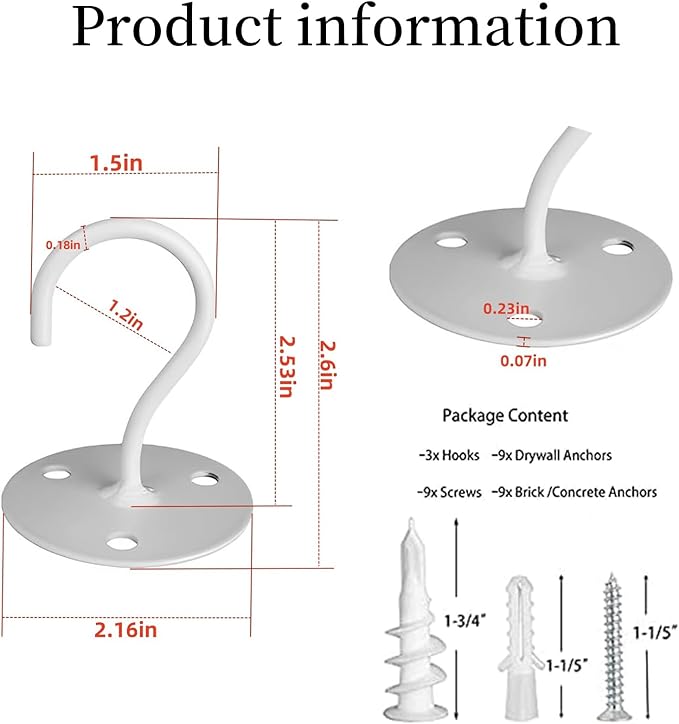 Ceiling Hooks for Hanging Plants- Metal Heavy Duty Wall Mounted Hangers for Hanging Bird Feeders, Planters, Wind Chimes, Include Professional Drywall Anchors (5 Pack) (Bright White)