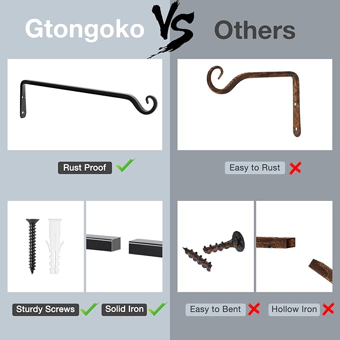 Gtongoko 2 Pack 15 Inch Plant Hangers Outdoor Metal Hanging Plant Bracket Bird Feeder Wall Hooks for Hanging Flower Basket, Wind Chimes, Solar Lanterns, Black