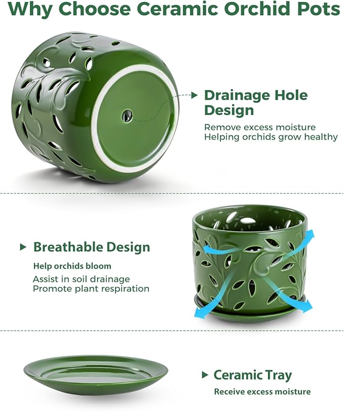 EFISPSS Orchid Pot with Holes, 5+6Inch Ceramic Plant Pots with Drainage Holes and Tray, Promoting Air Circulation and Drainage, Indoor/Outdoor Flower Pots-Green