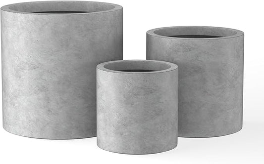 Kante 9.8",12.6",15.7" Dia Round Concrete Planter Set of 3, Modern Style Large Cylindrical Plant Pot with Drainage Hole and Rubber Plug for Indoor Outdoor Patio, Natural Concrete
