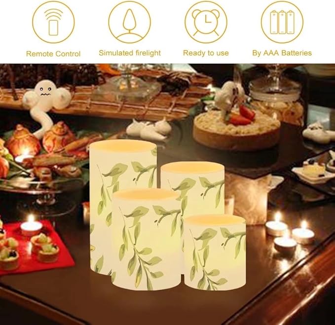 Green Leaves Flameless Candles Battery Operated Candles Set of 4 with 18-Key Remote Control Timer Dancing Flame Pillar Candles for Home Beach Hotel