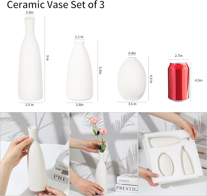 Ceramic Vase Set of 3, Small Flower Vase for Home Decor, Decorative Vases for Pampas Grass & Dried Flowers, Living Room, Bedroom, Bathroom, Shelf Centerpiece Table Decorations