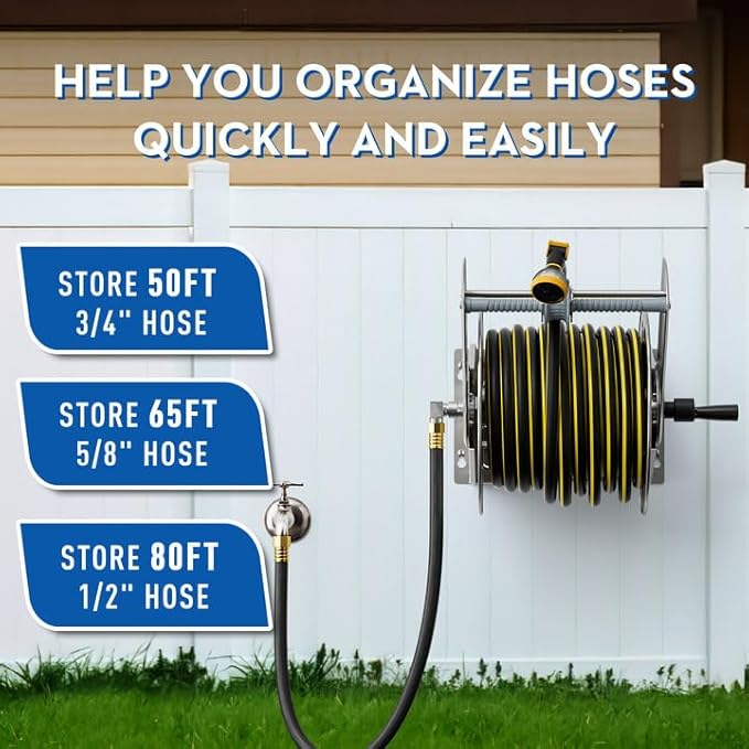 GREENER Stainless Steel Hose Reel for Outside,Wall Mount Garden Hose Holder Heavy Duty Metal Reel, 3/4" Solid Connector with 5/8" Inlet Hose and Crank,65-Feet 5/8" Hose Capacity