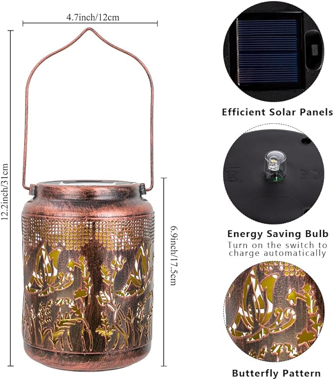 2 Pack Butterfly Solar Lanterns Outdoor Waterproof,Birthday Gifts for Women Mom,Hanging Solar Lights Outdoor LED 6.9" Metal Butterfly Decorative Lanterns for Patio,Pathway,Yard,Garden Decor