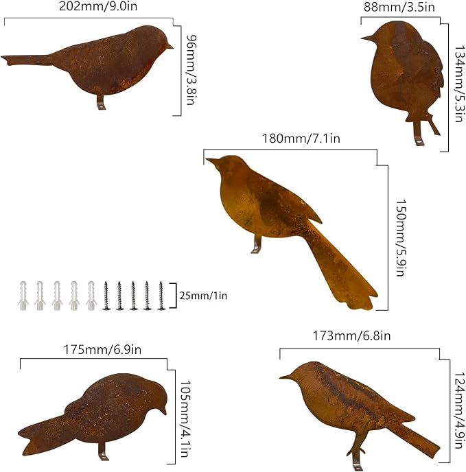 5PCS Metal Bird Silhouette with Rusty, Rusty Birds Decoration, Metal Birds Statues, Lifelike Patina Metal Birds Garden Ornaments Silhouette