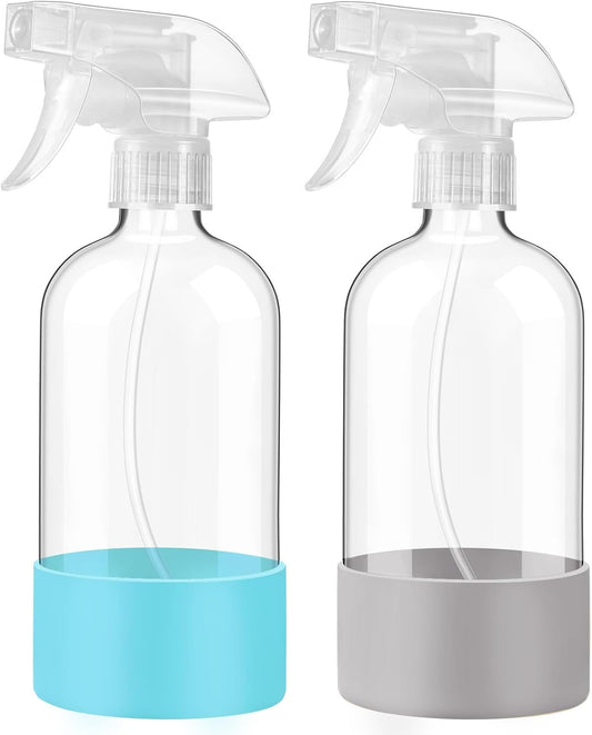 JohnBee Glass Spray Bottles with Silicone Sleeve, 2 Pack16 oz Empty Refillable Containers with Adjustable Spray Nozzles, Spray Bottles for Hair, Cleaning Solutions and Plants Blue&Grey