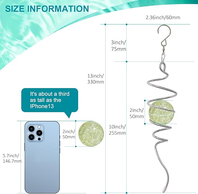 Glow in The Dark Gazing Ball Spiral Tail - Wind Spinner Stabilizer with Glow Glass Ball & Swivel Hook, Hanging Garden Decoration Sun Catcher Rainbow Maker Decor for lndoor Outdoor 13" Height