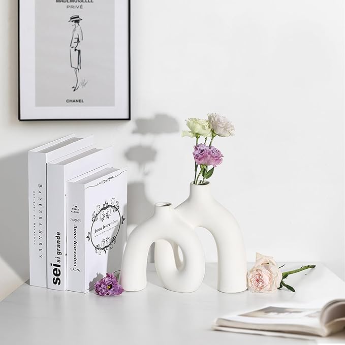 CEMABT Modern Nordic Boho Vase Set - Elegant White Matte Ceramic Home Decor for Living Room, Bookshelf, Mantel, Entryway Table & Console Décor | Shelf Decorations Gift