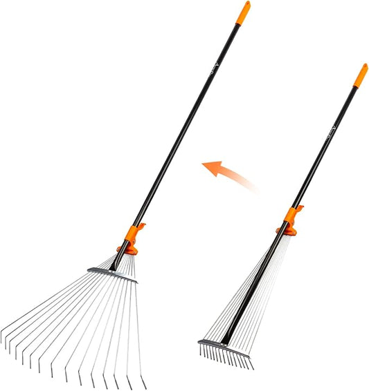 Leaf Rake for Lawns, Adjustable Garden Rake for Leaves with Long Handle, 61 Inches