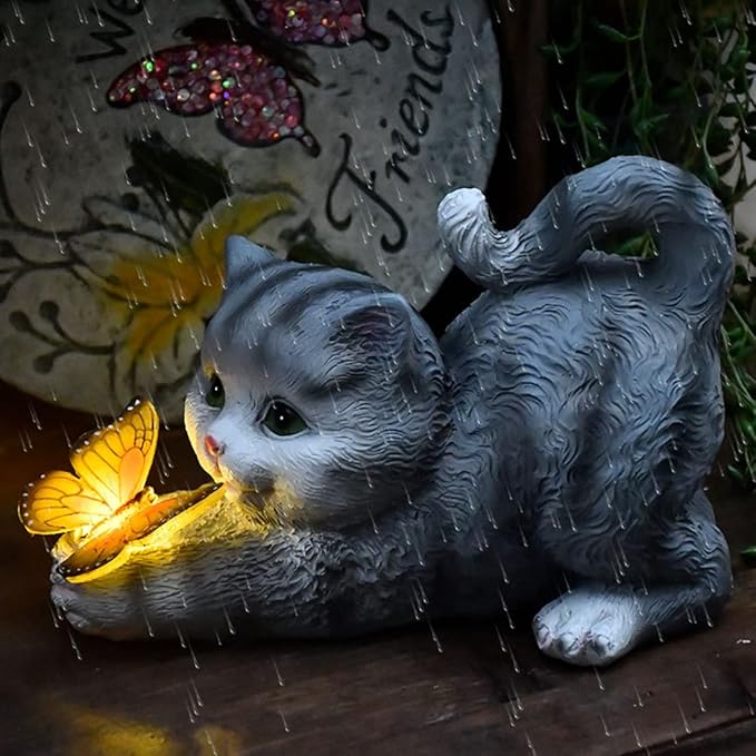Solar Garden Statue Cat,Garden Figurine Outdoor Decoration with Cat Holding Butterfly for Yard,Patio,Lawn Art Decoration,Housewarming Gift