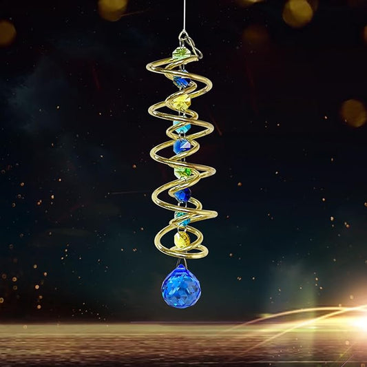 FONMY Gazing Ball Spiral Tail -Decorative Wind Spinner Sun Catcher Rainbow Maker Golden Double-Spiral W/Sea Blue Crystal Ball and Chain Crystals Beads for Indoor Outdoor Garden Decoration -14 inch H