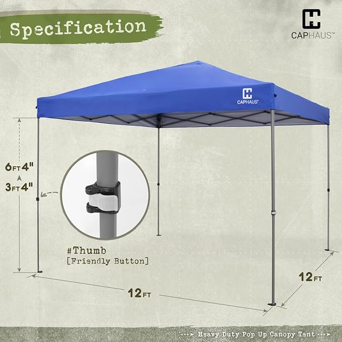 CAPHAUS 12ft x 12ft Patented One-Push Pop Up Outdoor Canopy Tent, Heavy-Duty Commercial Grade w/Central Lock, Portable and Instant Folding Shelter with Wheeled Carry Bag and Weight Bag, Blue