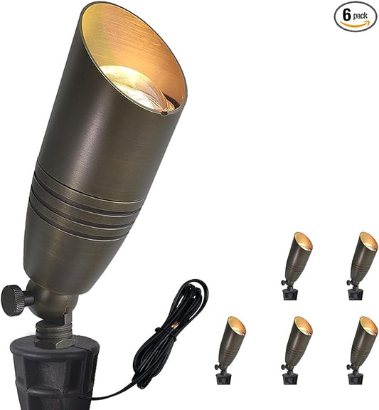 COLOER Die-cast Brass Landscape Spotlights Outdoor, 12V AC/DC Low Voltage Spotlight, IP65 Waterproof Landscape Lighting for Yard, Garden Patio Trees Spot Uplight(102B,6-Pack Without Bulb)