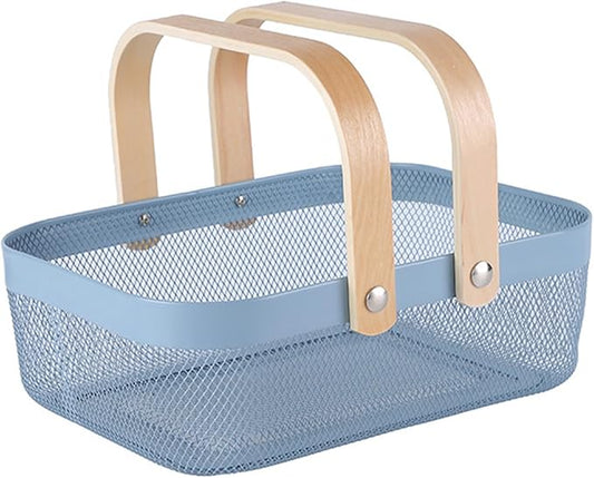 Metal Mesh Steel Basket, Storage Organizer Baskets Garden Harvest Basket Multi-functional Kitchen Fruit Baskets Bin with Wooden Handle for Bathroom Picnic Shopping Decor Cabinet Home, Blue