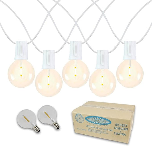 Novelty Lights 50 Feet G40 LED Patio String Lights with 50 Bulbs, Warm White, Weather Resistant and Shatterproof Replaceable Plastic Globe Bulbs, White Wire