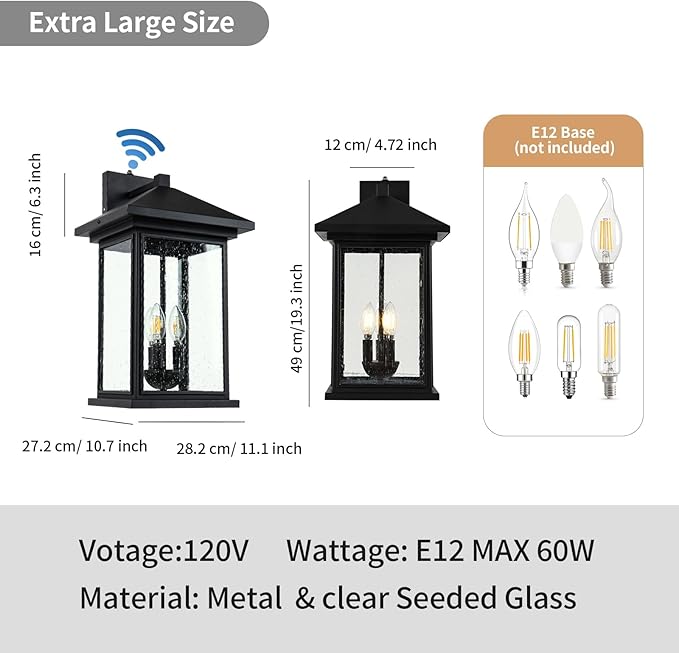 Extra-Large Outdoor Wall Sconce, Wall Lantern, Wall Light with Tempered Clear Seeded Glass, Matte Black Finish for Outdoor