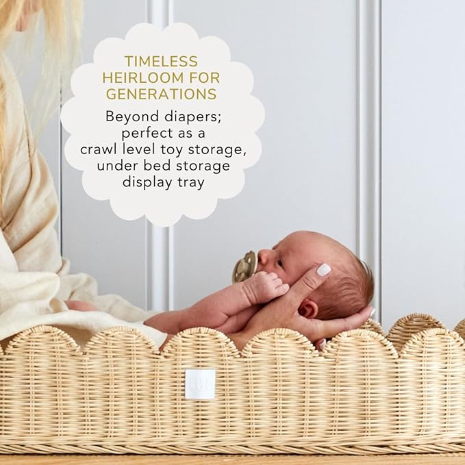 Bebe Bask Premium Baby Changing Basket - Artisan-Crafted Scalloped Rattan - Changing Basket for Baby Dresser - All Accessories Included - Complete Set for Nursery (Natural)