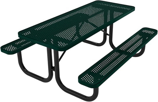 Coated Outdoor Furniture Heavy-Duty Portable Outdoor Picnic Table, Thermoplastic Coated Punched Steel Commercial-Grade Patio Dining Furniture Made in America (6ft Rectangular, Textured Dark Green)