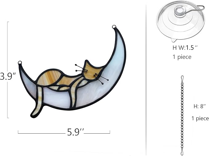 BOXCASA Sleeping Cat Stained Glass Windown Hanging,Yellow Cat on Moon Beautiful Handcrafted Sun Catcher Gifts for Daughter,Mothers Day,Christmas and Cat Lover