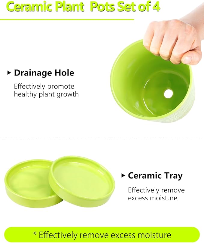 EFISPSS 5 Inch Ceramic Plant Pots Indoor, Planters with Drainage Holes and Ceramic Tray, Relief Design Flower Planter，Desktop Office Windowsill Decoration Gift Set of 4 - Green