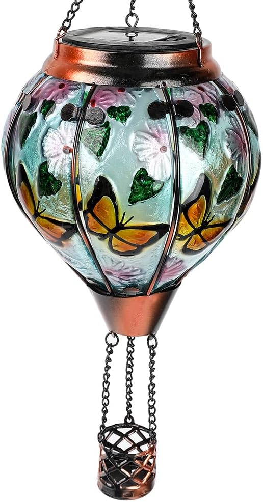 Hot Air Balloon Solar Lantern with Flickering Flame, Glass Hanging Garden Lights Outdoor Waterproof for Tree Yard Patio Mother's Day Gift, 18" H Butterfly