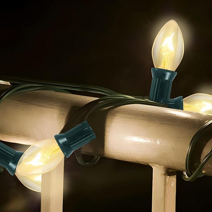 C7 Clear Christmas Lights, 25Ft Outdoor Christmas String Lights with 27 Warm White Incandescent Bulbs, Connectable Vintage Christmas Lights for Outdoor Patio Christmas Party House Decorations, Green