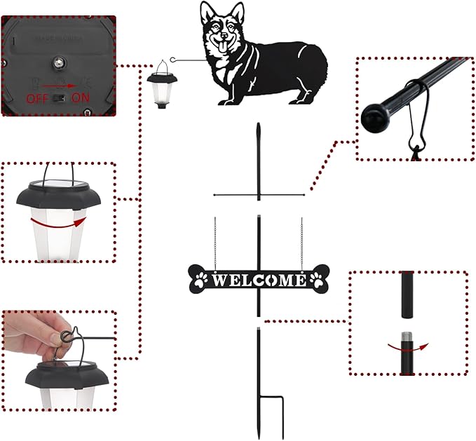 BAYN Solar Corgi Silhouette Dog Breed Welcome Sign with a Lantern Outdoor Decorative Garden Stakes for Yard, Lawn, Patio, Pathway