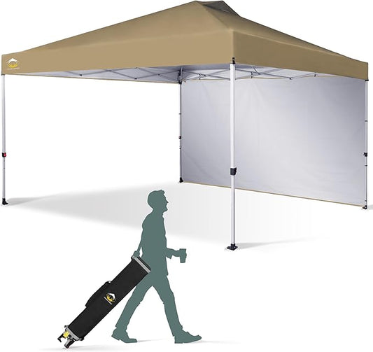 CROWN SHADES 12x12 Pop Up Canopy Tent Instant Commercial with 150D Silver Coated Fabric Including 1 Removable Sidewall, 4 Ropes, 8 Stakes, Weight Bags, STO 'N Go Bag, Beige