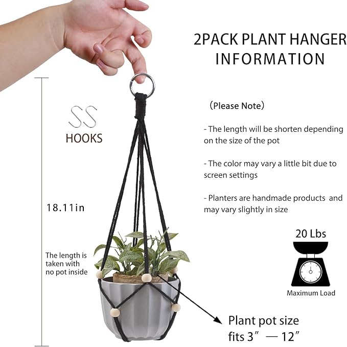 Artilady Black Hanging Planter for Indoor Plants Macrame Plant Hanger Large Hanging Plant Holder Basket with Adjustable Beads Outdoor Window Boho Plant Wall Decor