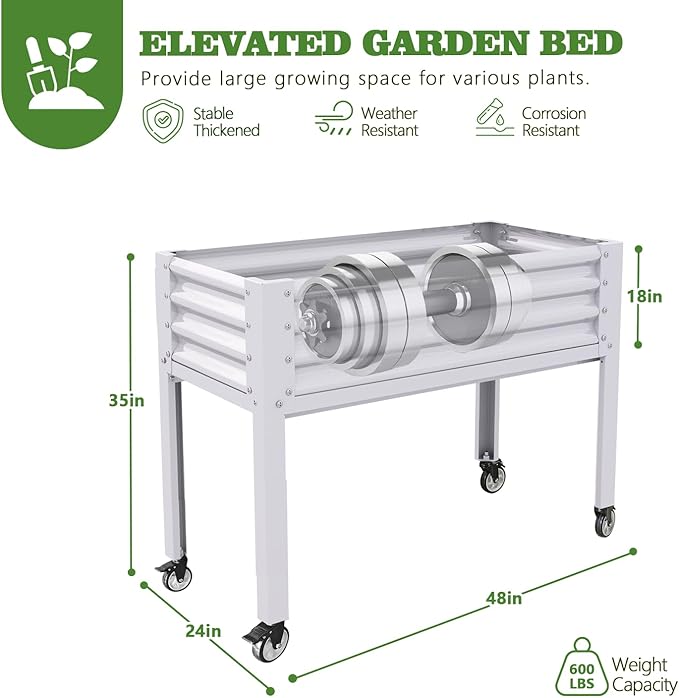 A ANLEOLIFE Galvanized Raised Garden Bed with Legs,48x24x35in Large Elevated Planter Box on Wheels with Drainage Holes for Backyard, Balcony, Patio, 600lb Capacity, Antique White