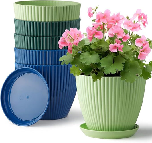 7.5 Inch Plant Pots 6 Pack, Plastic Pots for Plants with Drainage Holes and Saucers, Mix-Colores Plant Planter with 3 Colors Indoor and Outdoor Flower Pots (Top Diameter 7.5 inch Plus)