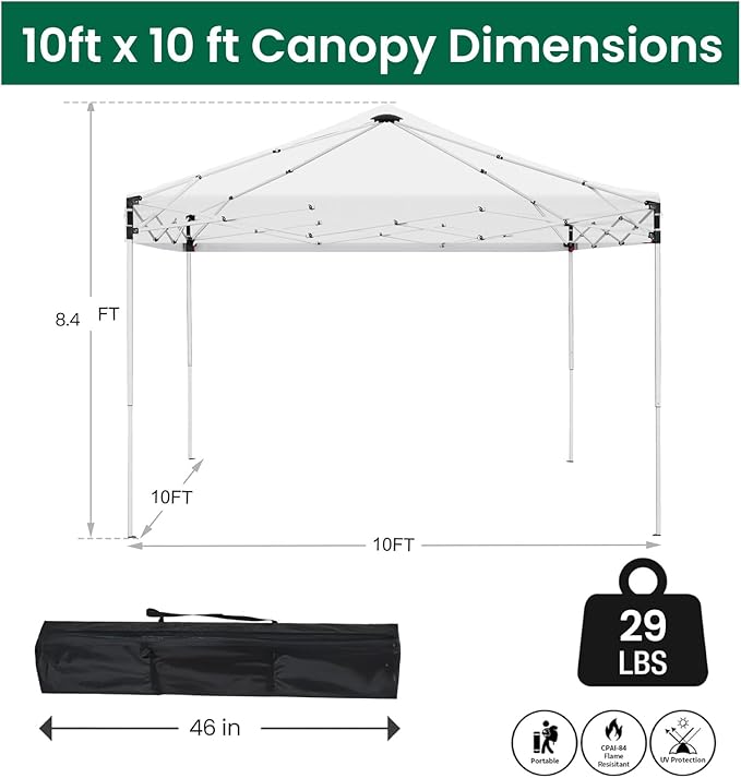10x10ft Pop Up Canopy Tent,Heavy Duty Waterproof Folding Tent for Camping Parties Events Parties,Outdoor Canopy,Portable Sun Shelter,3 Adjustable Height(White)