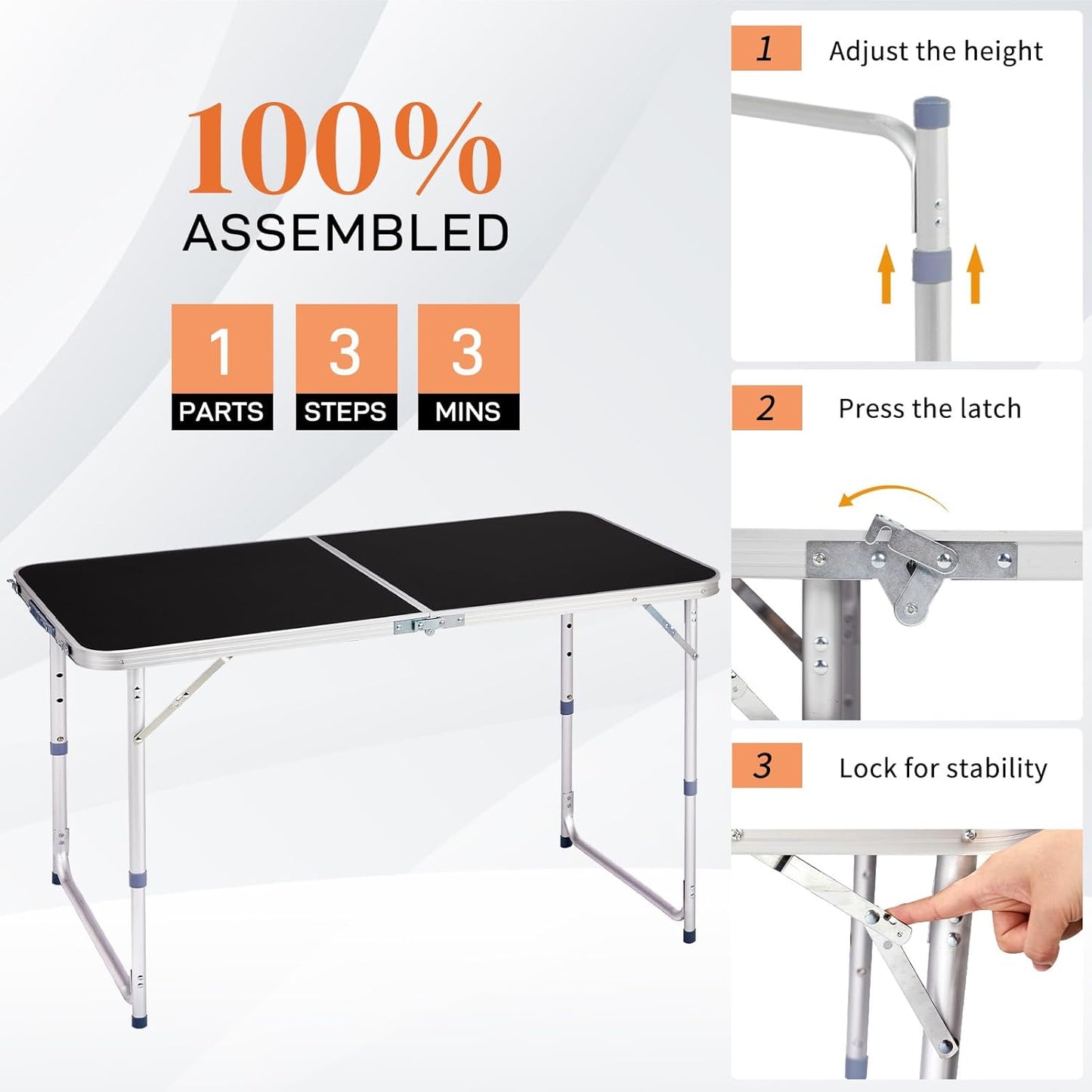 Outvita 4ft Portable Folding Camping Table, Outdoor Waterproof Adjustable Height Table, Aluminum Lightweight Suitcase Foldable Table for Picnic BBQ Beach Dining