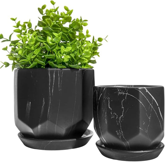 Black Plant Pot with Drainage Holes and Saucers, Ceramic Pots for Indoor Outdoor Plants, 4 & 5 Inch Premium Hand Glazed Sustainable Planters for Flower, Garden, Succulent, Nursery, Home Decor