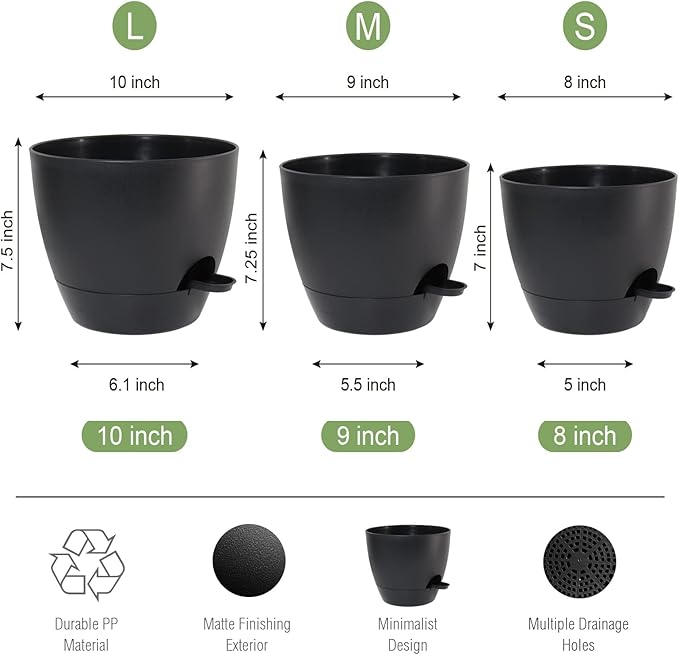 10/9/8 inch Self Watering Pots, Set of 3 Plastic Planters with Mesh Drainage Holes and Deep Reservoir for Indoor Outdoor Garden Plants and Flowers, Black