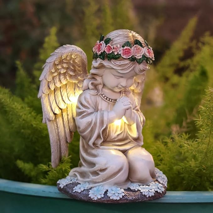 Garden Statues for Outside, 3 LED Solar Praying Angel Figurines Decorative Light, Waterproof Resin Fairy Statue Solar Light for Patio Balcony Yard Lawn Ornament Gifts for Mom (PrayAngel)