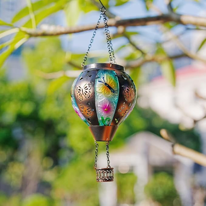 DREAMSOUL Butterfly Hot Air Balloon Solar Lantern, Glass & Metal Outdoor Lantern Hanging Solar Lanterns Outdoor Waterproof for Garden Patio Party